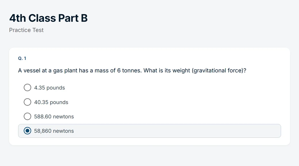 PE Practice practice test showing an exam-style question with multiple choice answers